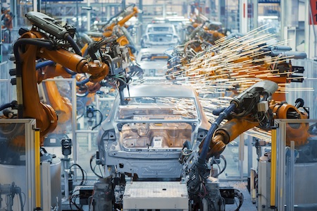 robotic car manufacturing equipment robotic arms building a car on an assembly line