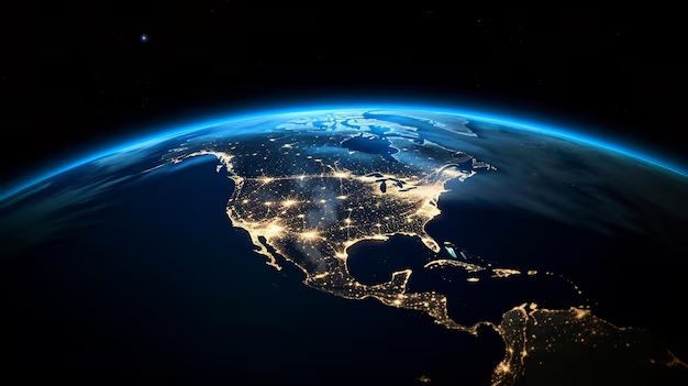 gold tracking points on a dark blue earth