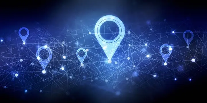 connected, hovering white location pins on a blue background