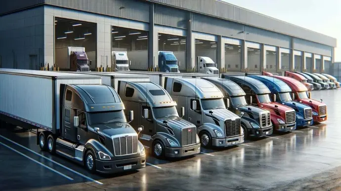 a fleet of tractor trailers at warehouse docking bays