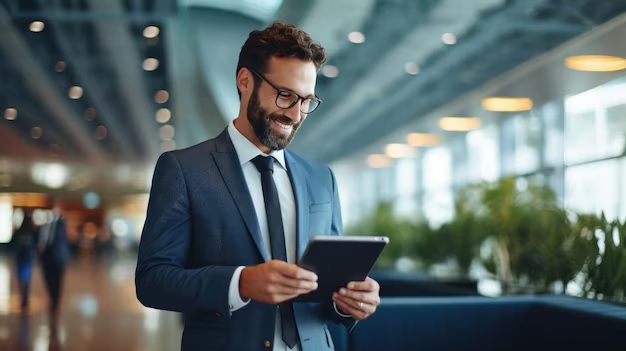 businessman smiling while holding a tablet looking at his Get Stuff notification
