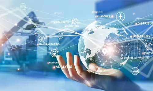 supply chain management hand holding the world in a container yard